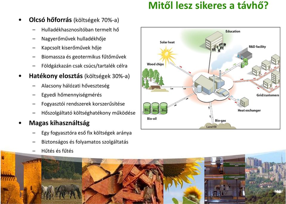 Biomassza és geotermikus fűtőművek Földgázkazán csak csúcs/tartalék célra Hatékony elosztás (költségek 30%-a) Alacsony