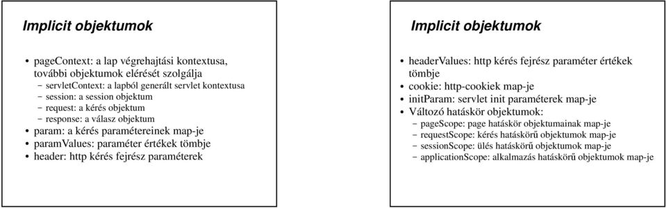 fejrész paraméterek headervalues: http kérés fejrész paraméter értékek tömbje cookie: http-cookiek map-je initparam: servlet init paraméterek map-je Változó hatáskör objektumok: