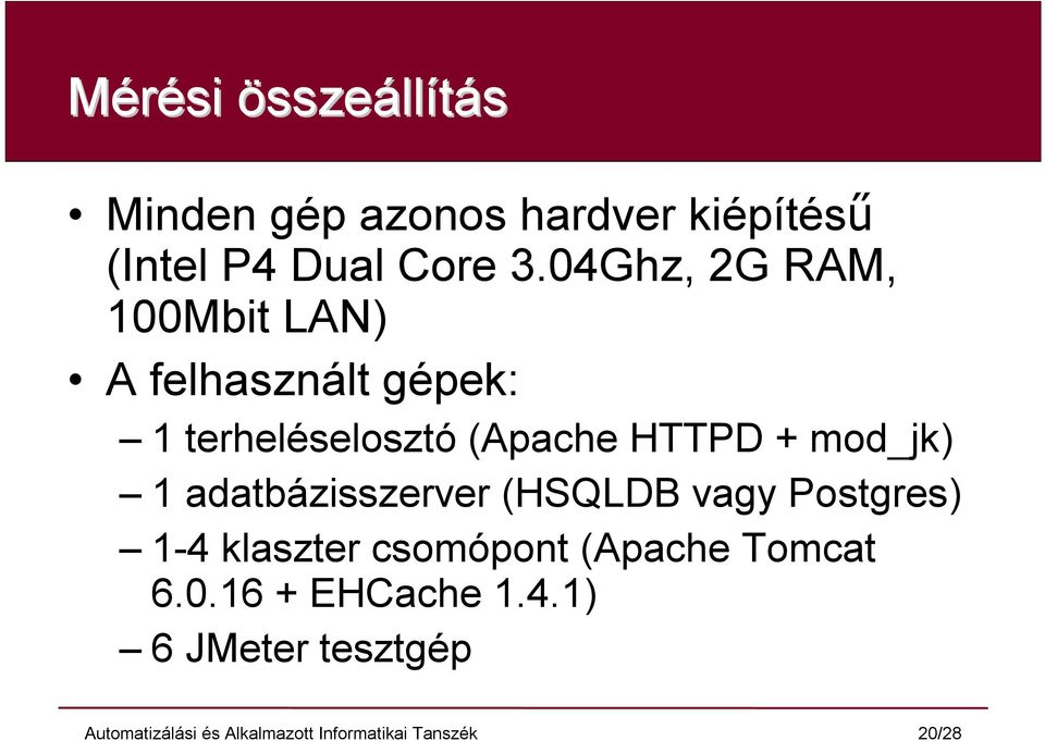 04Ghz, 2G RAM, 100Mbit LAN) A felhasznált gépek: 1 terheléselosztó