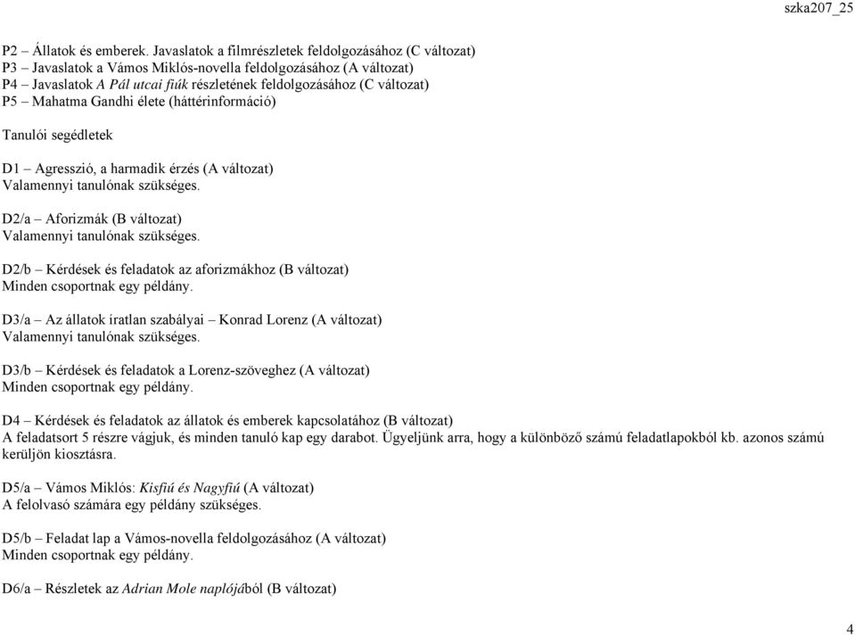 Mahatma Gandhi élete (háttérinformáció) Tanulói segédletek D1 Agresszió, a harmadik érzés (A változat) D2/a Aforizmák (B változat) D2/b Kérdések és feladatok az aforizmákhoz (B változat) D3/a Az