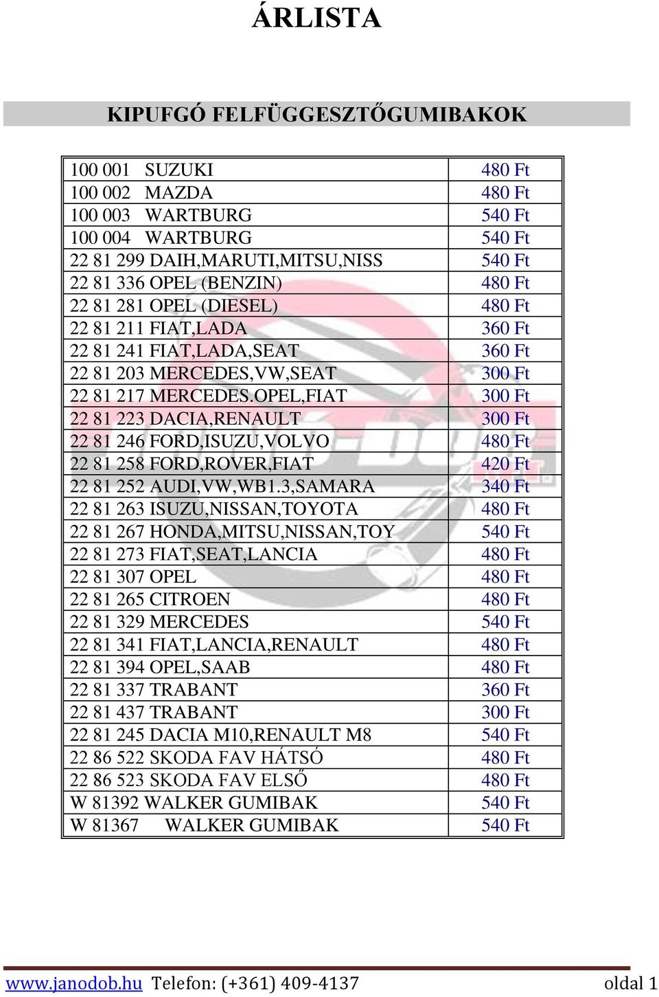 OPEL,FIAT 300 Ft 22 81 223 DACIA,RENAULT 300 Ft 22 81 246 FORD,ISUZU,VOLVO 480 Ft 22 81 258 FORD,ROVER,FIAT 420 Ft 22 81 252 AUDI,VW,WB1.