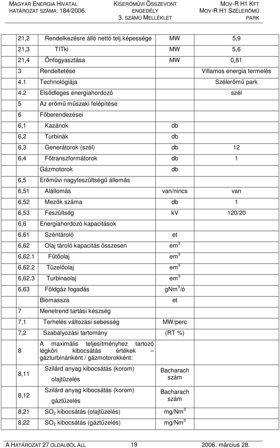 nagyfeszültségő állomás 6,51 Alállomás van/nincs van 6,52 Mezık száma db 1 6,53 Feszültség kv 120/20 6,6 Energiahordozó kapacitások 6,61 Széntároló et 6,62 Olaj tároló kapacitás összesen em 3 6,62.