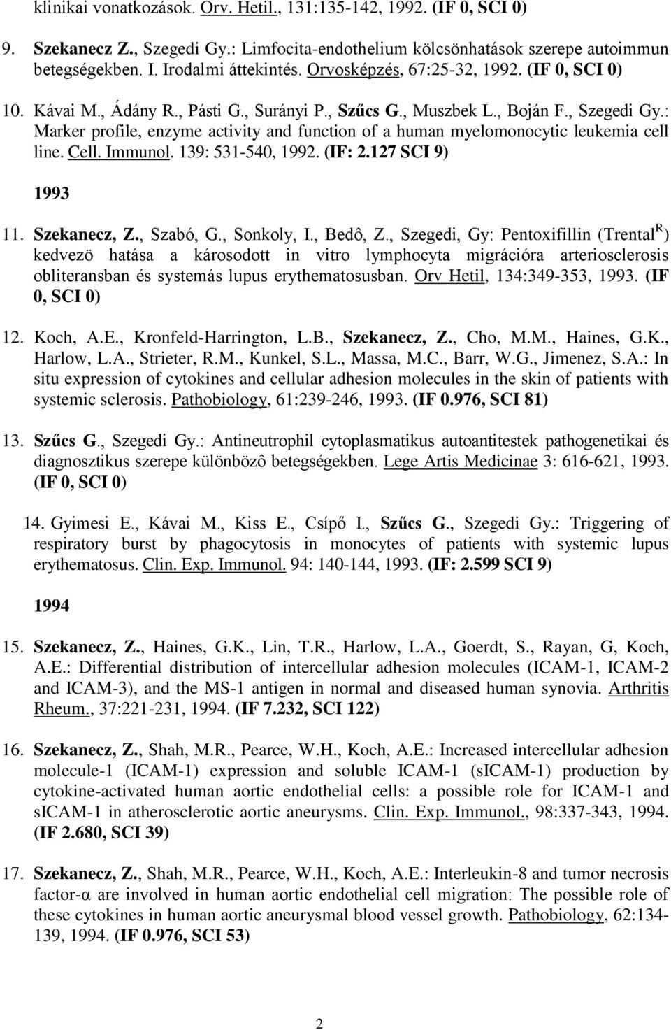 : Marker profile, enzyme activity and function of a human myelomonocytic leukemia cell line. Cell. Immunol. 139: 531-540, 1992. (IF: 2.127 SCI 9) 1993 11. Szekanecz, Z., Szabó, G., Sonkoly, I.