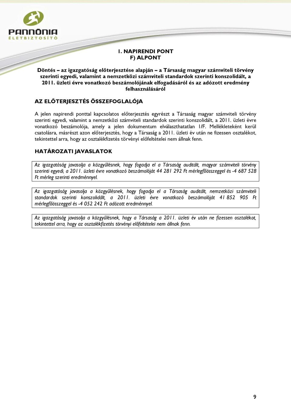 szerinti egyedi, valamint a nemzetközi számviteli standardok szerinti konszolidált, a 2011. üzleti évre vonatkozó beszámolója, amely a jelen dokumentum elválaszthatatlan 1/F.