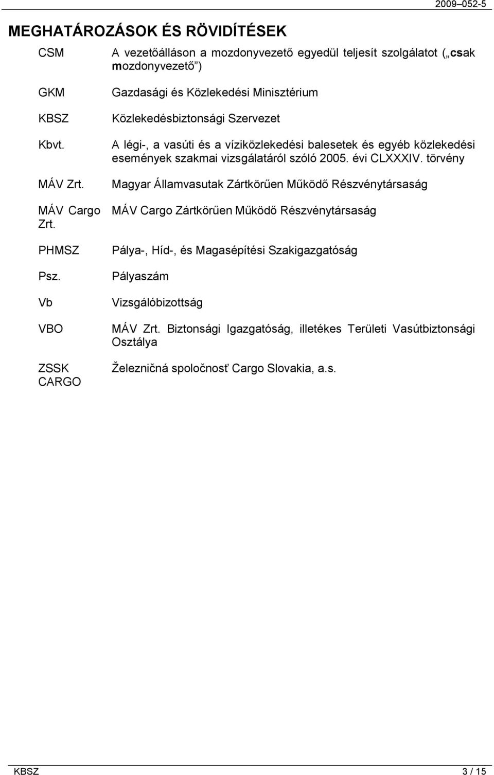 Vb VBO ZSSK CARGO Gazdasági és Közlekedési Minisztérium Közlekedésbiztonsági Szervezet A légi-, a vasúti és a víziközlekedési balesetek és egyéb közlekedési események szakmai