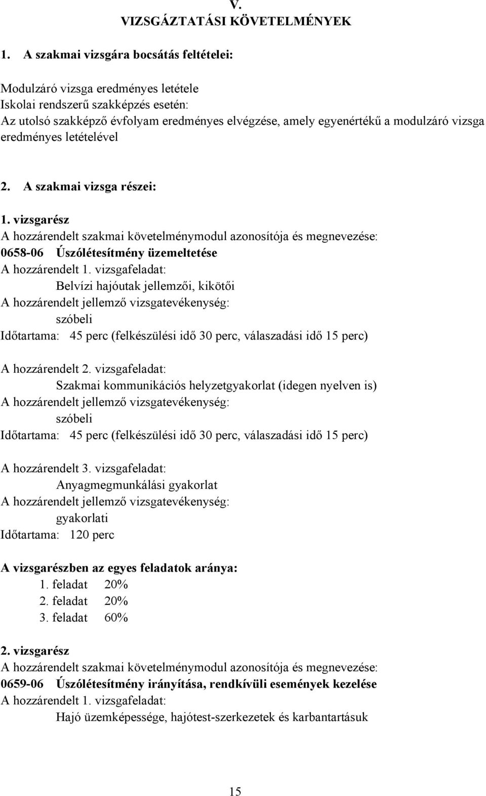 eredményes letételével 2. A szakmai vizsga részei: 1. vizsgarész A hozzárendelt szakmai követelménymodul azonosítója és megnevezése: 065806 Úszólétesítmény üzemeltetése A hozzárendelt 1.