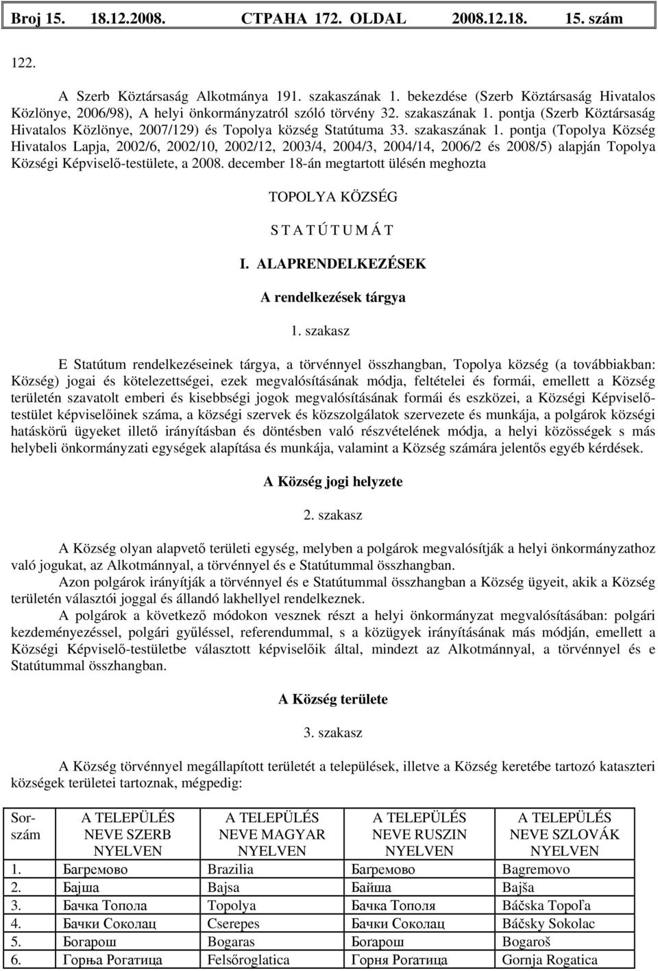 pontja (Szerb Köztársaság Hivatalos Közlönye, 2007/129) és Topolya község Statútuma 33. szakaszának 1.