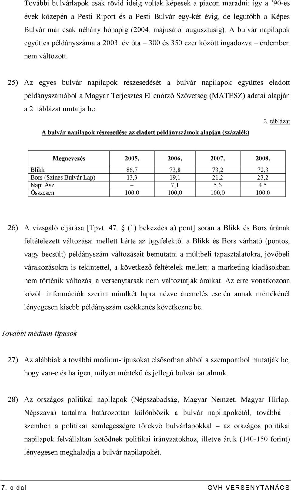 25) Az egyes bulvár napilapok részesedését a bulvár napilapok együttes eladott példányszámából a Magyar Terjesztés Ellenırzı Szövetség (MATESZ) adatai alapján a 2.