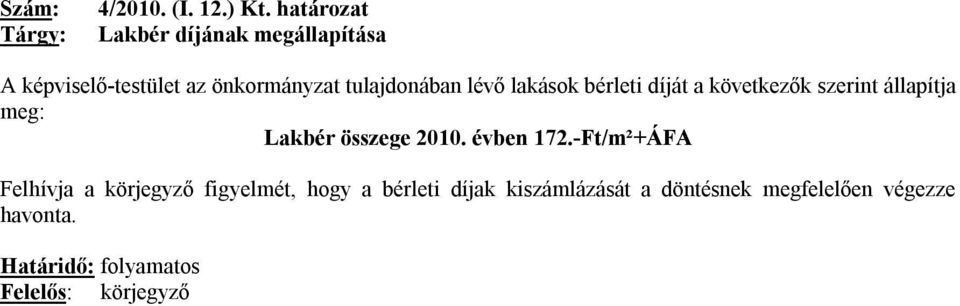 lakások bérleti díját a következők szerint állapítja meg: Lakbér összege 2010. évben 172.