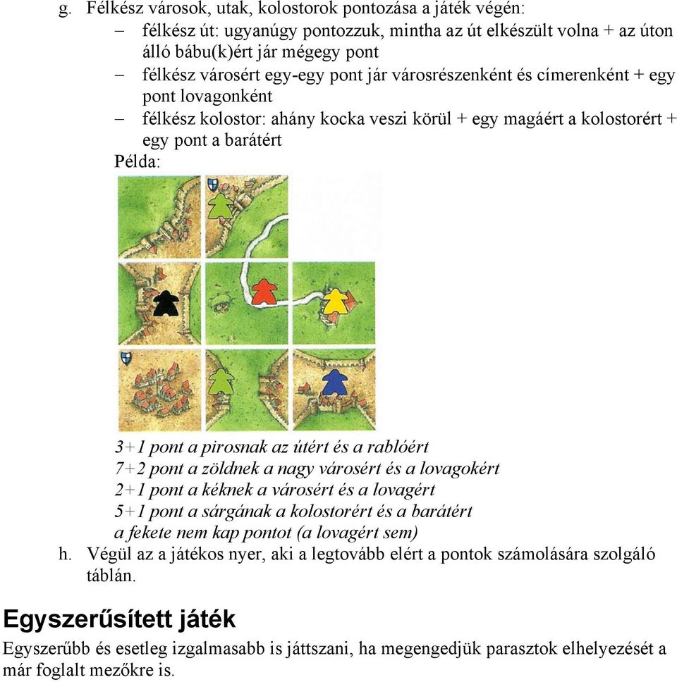 pont a zöldnek a nagy városért és a lovagokért 2+1 pont a kéknek a városért és a lovagért 5+1 pont a sárgának a kolostorért és a barátért a fekete nem kap pontot (a lovagért sem) h.