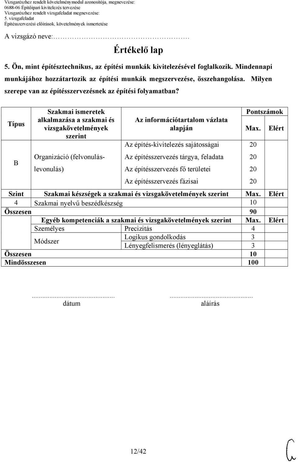 Típus Szakmai ismeretek alkalmazása a szakmai és vizsgakövetelmények szerint Organizáció (felvonuláslevonulás) Az információtartalom vázlata alapján Az építés-kivitelezés sajátosságai Az