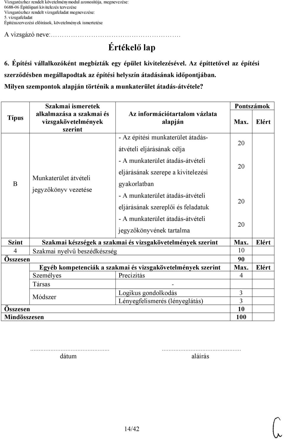 Típus Szakmai ismeretek alkalmazása a szakmai és vizsgakövetelmények szerint Munkaterület átvételi jegyzőkönyv vezetése Az információtartalom vázlata alapján - Az építési munkaterület átadásátvételi