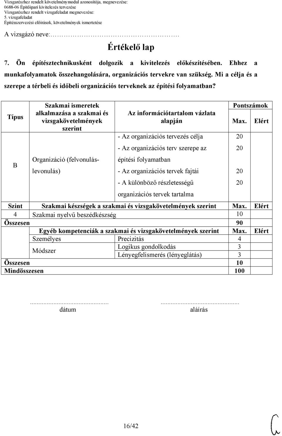 Típus Szakmai ismeretek alkalmazása a szakmai és vizsgakövetelmények szerint Organizáció (felvonuláslevonulás) Az információtartalom vázlata alapján - Az organizációs tervezés célja - Az organizációs