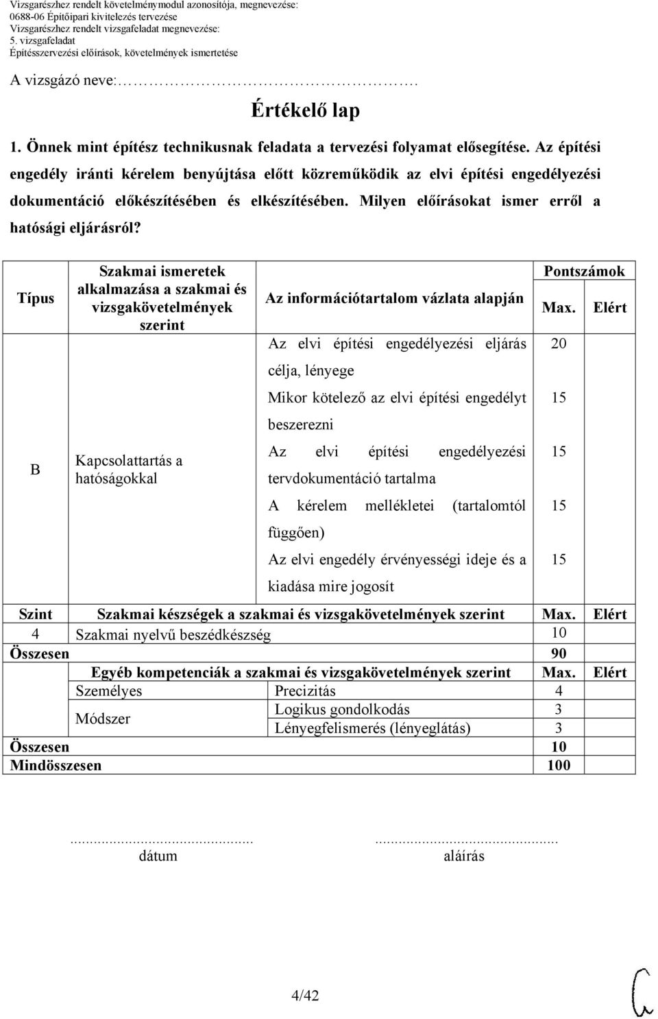 Típus Szakmai ismeretek alkalmazása a szakmai és vizsgakövetelmények szerint Kapcsolattartás a hatóságokkal Az információtartalom vázlata alapján Az elvi építési engedélyezési eljárás célja, lényege