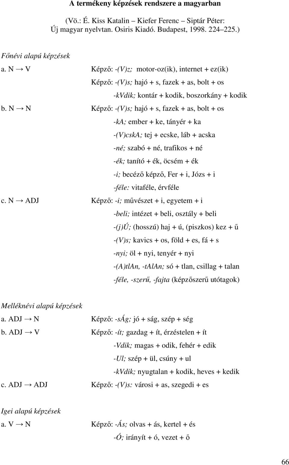 N N Képzı: -(V)s; hajó + s, fazek + as, bolt + os -ka; ember + ke, tányér + ka -(V)cskA; tej + ecske, láb + acska -né; szabó + né, trafikos + né -ék; tanító + ék, öcsém + ék -i; becézı képzı, Fer +