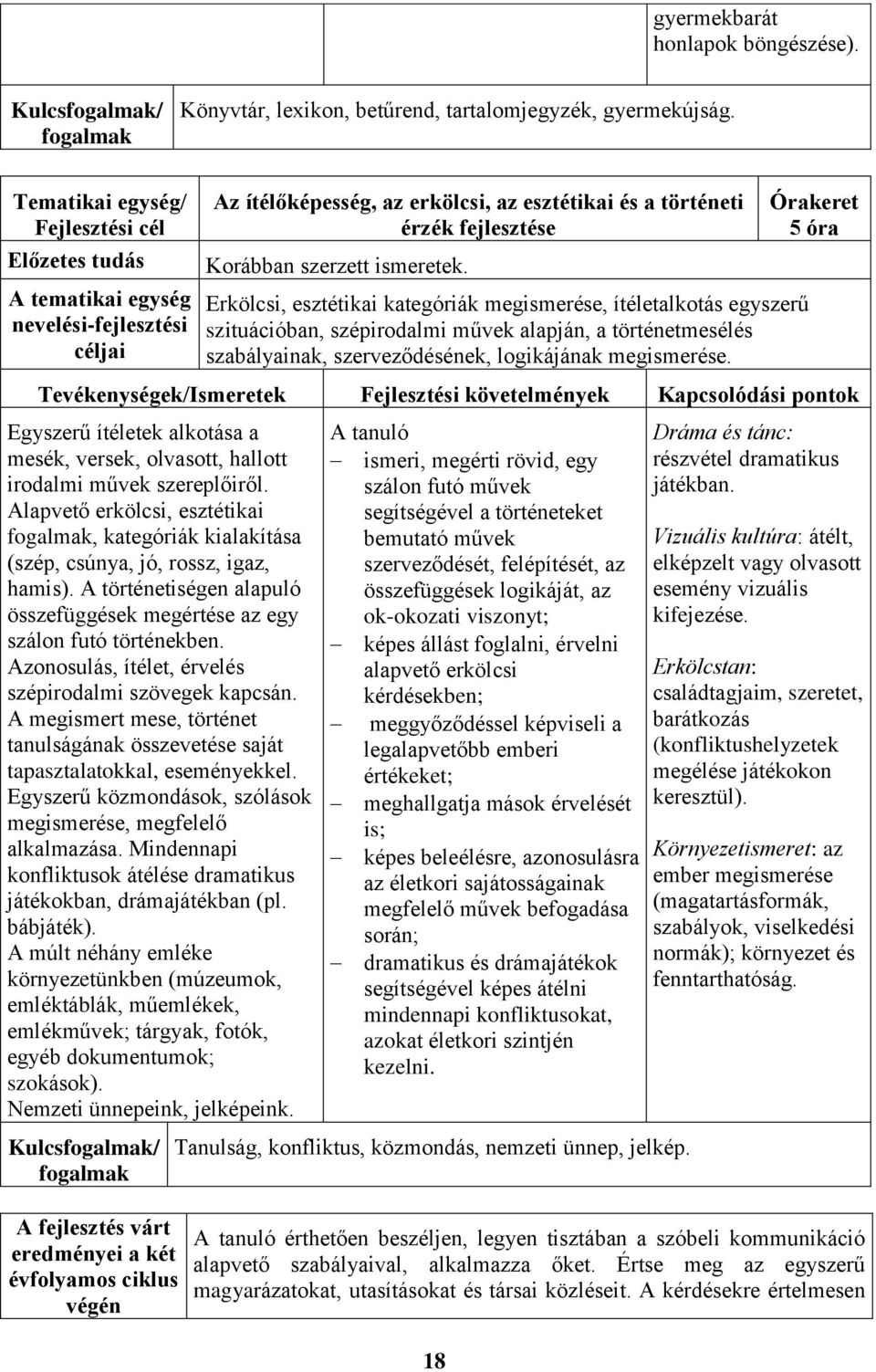 Erkölcsi, esztétikai kategóriák megismerése, ítéletalkotás egyszerű szituációban, szépirodalmi művek alapján, a történetmesélés szabályainak, szerveződésének, logikájának megismerése.