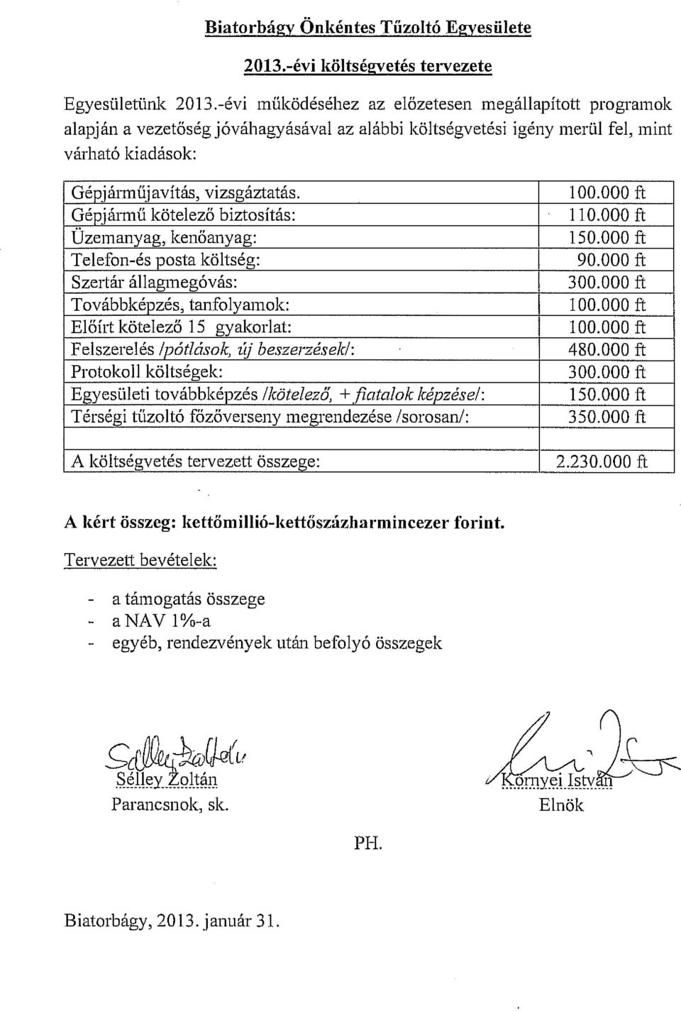 000 ft Gépjánnű kötelező biztosítás: 110.000 ft Üzemanyag, kenőanyag: 150.000 ft Telefon-és posta költség: 90.000 ft Sze1iár állagmegóvás: 300.000 ft Továbbképzés, tanfolyamok: 100.