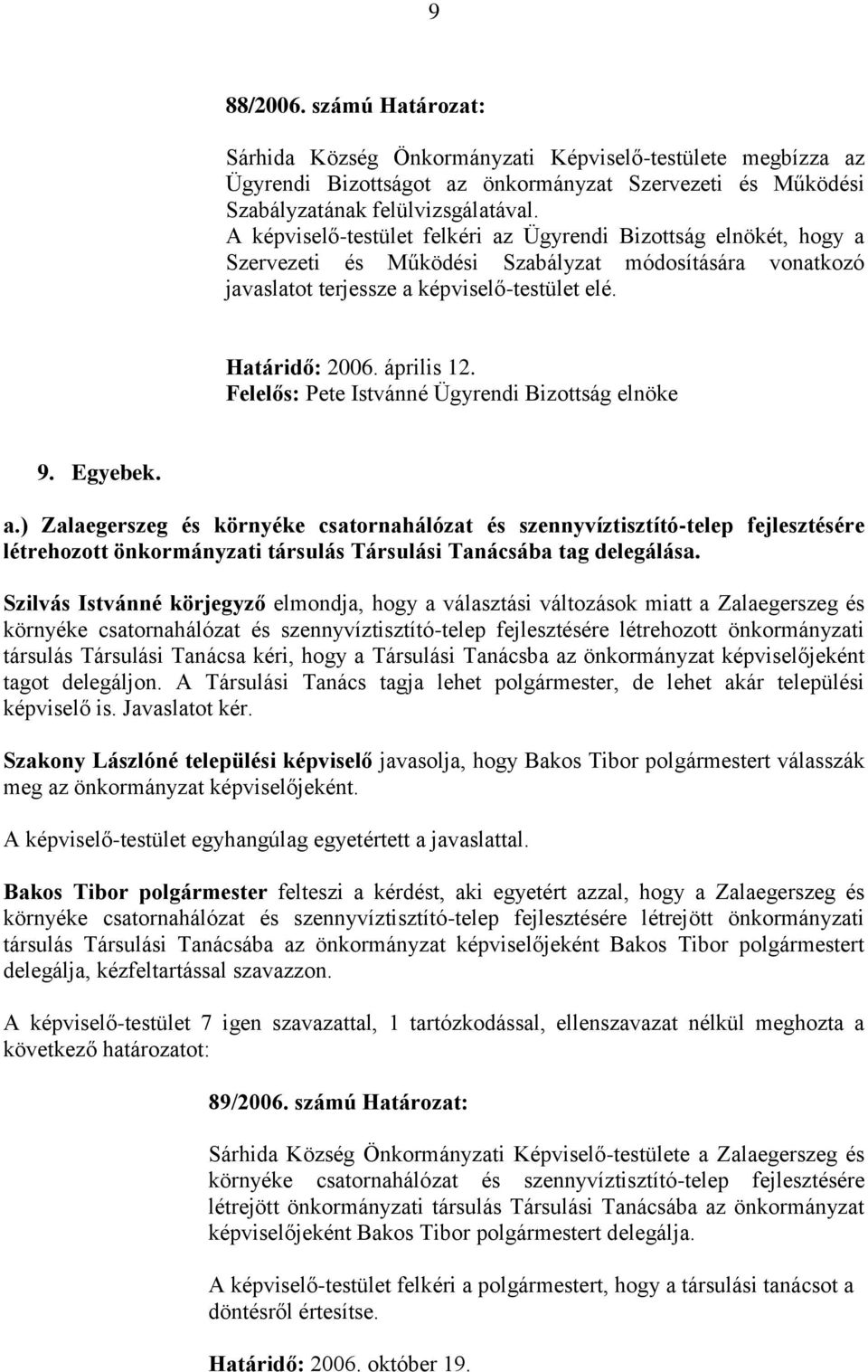 Felelős: Pete Istvánné Ügyrendi Bizottság elnöke 9. Egyebek. a.