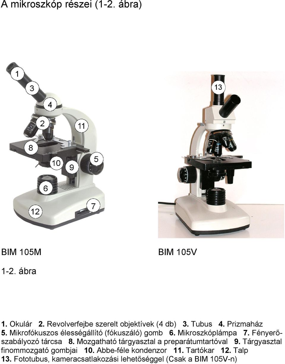 Mikrofókuszos élességállító (fókuszáló) gomb 6. Mikroszkóplámpa 7. Fényerőszabályozó tárcsa 8.