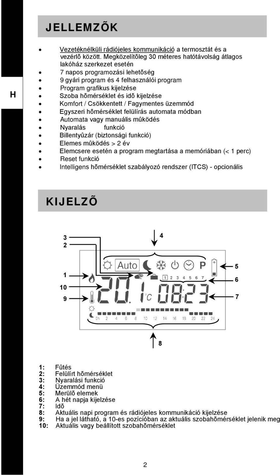 kijelzése Komfort / Csökkentett / Fagymentes üzemmód Egyszeri hõmérséklet felülírás automata módban Automata vagy manuális mûködés Nyaralás funkció Billentyûzár (biztonsági funkció) Elemes mûködés >