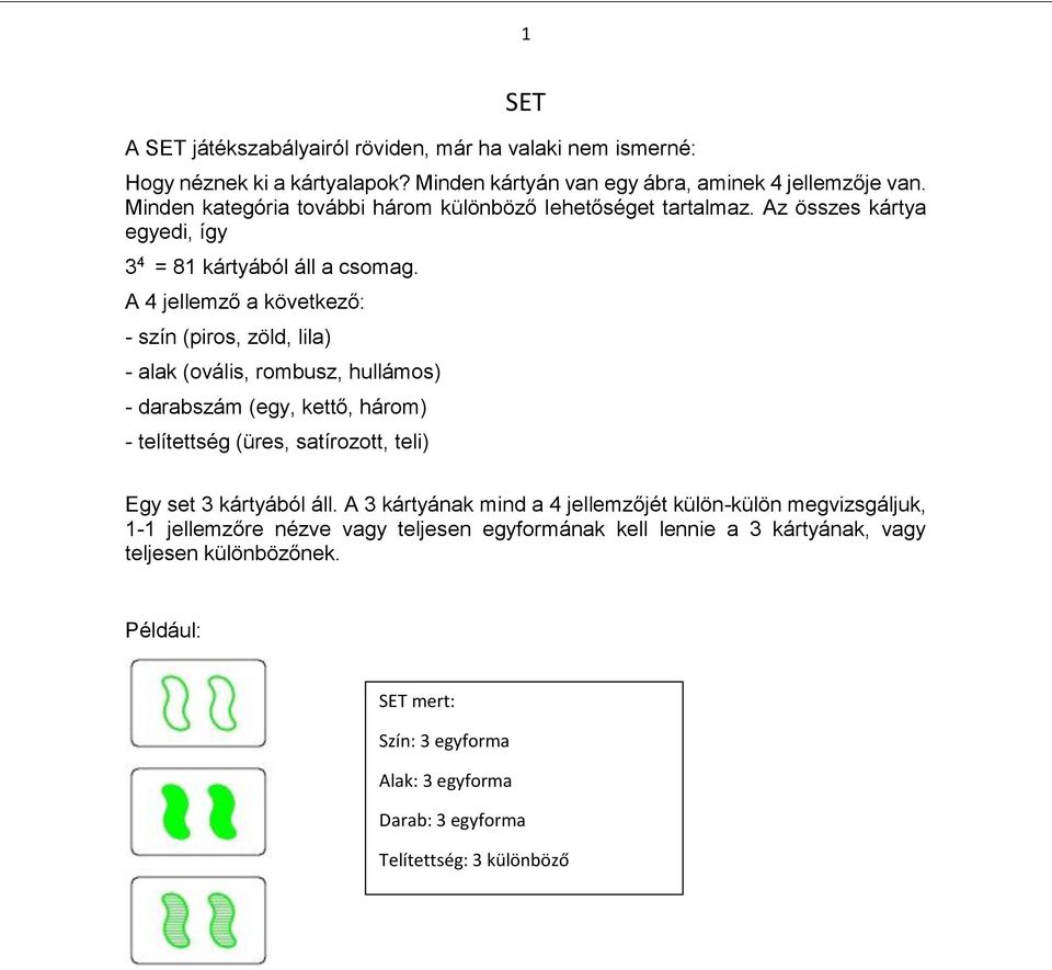 A 4 jellemző a következő: - szín (piros, zöld, lila) - alak (ovális, rombusz, hullámos) - darabszám (egy, kettő, három) - telítettség (üres, satírozott, teli) Egy set 3 kártyából