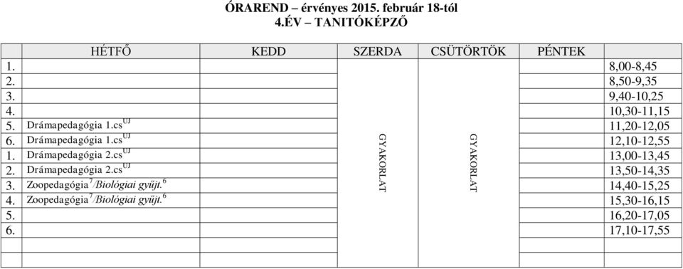 Drámapedagógia 2.cs ÚJ 13,00-13,45 2. Drámapedagógia 2.cs ÚJ 13,50-14,35 3.