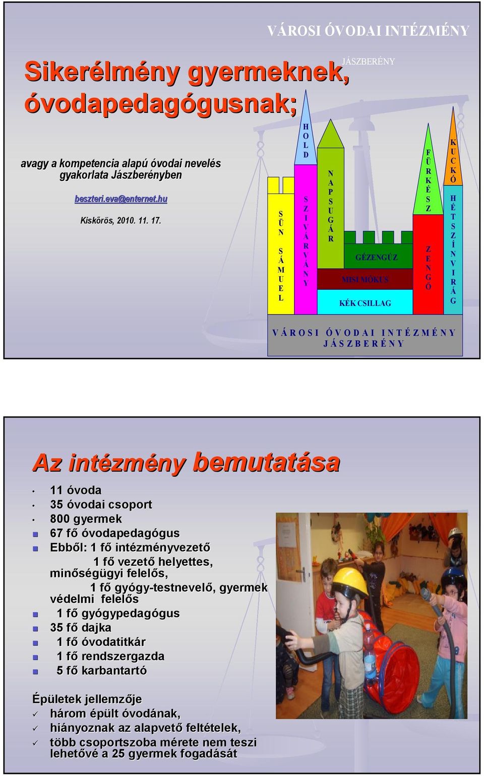 Z M É N Y J Á S Z B E R É N Y Az intézm zmény bemutatása 11 óvoda 35 óvodai csoport 800 gyermek 67 fıf óvodapedagógusgus Ebbıl: 1 fıf intézm zményvezetı 1 fıf vezetı helyettes, minıségügyi gyi
