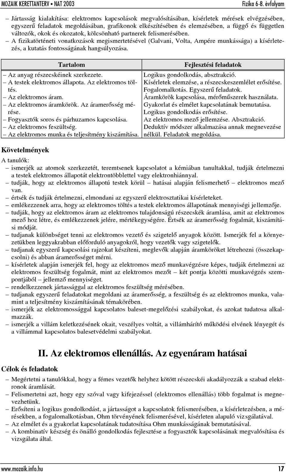 A fizikatörténeti vonatkozások megismertetésével (Galvani, Volta, Ampére munkássága) a kísérletezés, a kutatás fontosságának hangsúlyozása. Az anyag részecskéinek szerkezete.