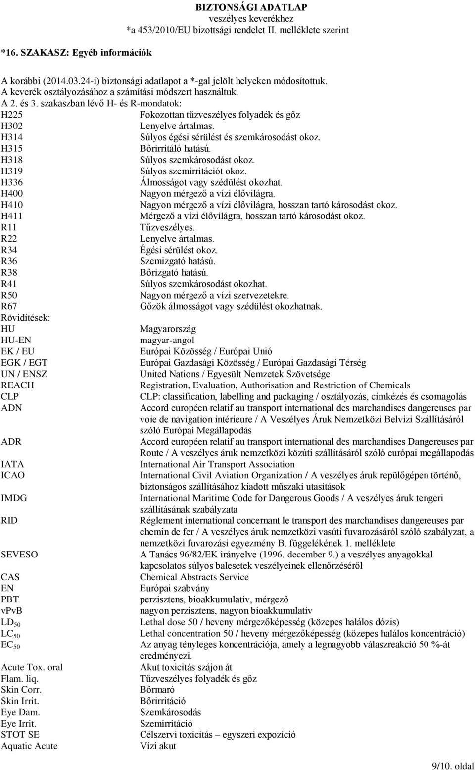 H318 Súlyos szemkárosodást okoz. H319 Súlyos szemirritációt okoz. H336 Álmosságot vagy szédülést okozhat. H400 Nagyon mérgező a vízi élővilágra.