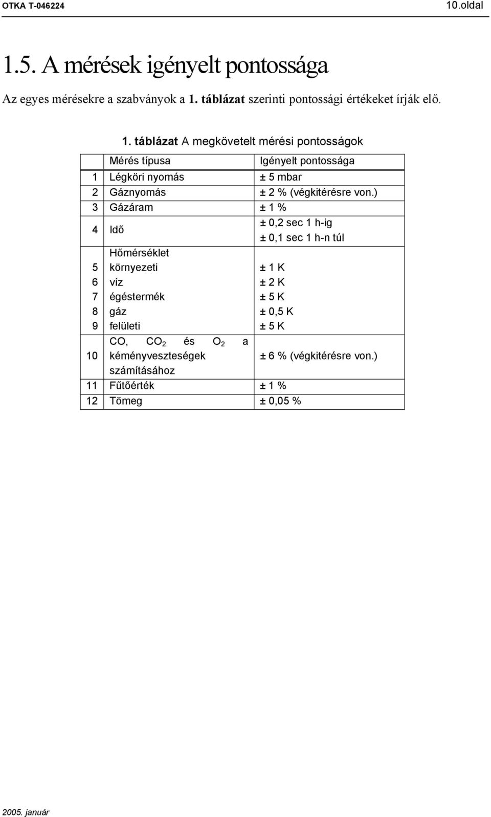 táblázat A megkövetelt mérési potosságok Mérés típusa Igéyelt potossága 1 Légköri yomás ± 5 mbar Gázyomás ± % (végkitérésre vo.