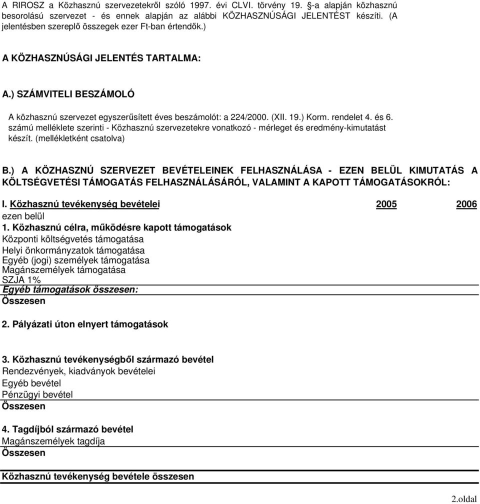 rendelet 4. és 6. számú melléklete szerinti - Közhasznú szervezetekre vonatkozó - mérleget és eredmény-kimutatást készít. (mellékletként csatolva) B.