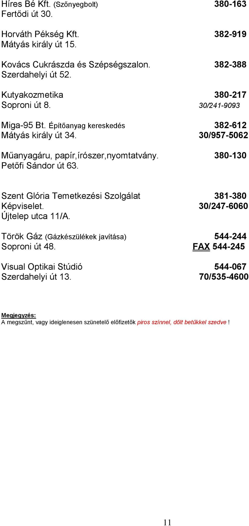 380-130 Petőfi Sándor út 63. Szent Glória Temetkezési Szolgálat 381-380 Képviselet. 30/247-6060 Újtelep utca 11/A.