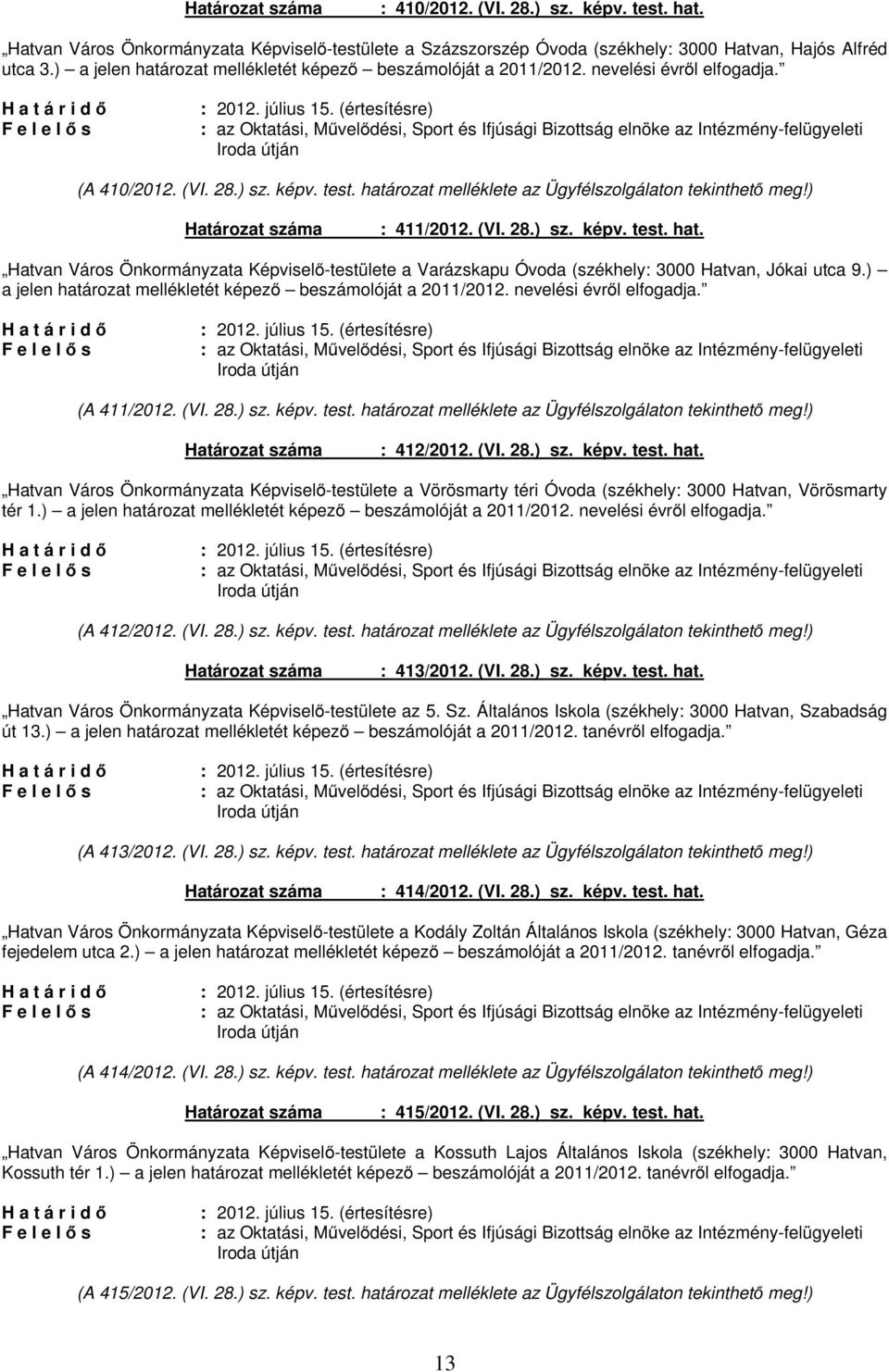 : az Oktatási, Művelődési, Sport és Ifjúsági Bizottság elnöke az Intézmény-felügyeleti Iroda útján (A 410/2012. (VI. 28.) sz. képv. test. határozat melléklete az Ügyfélszolgálaton tekinthető meg!