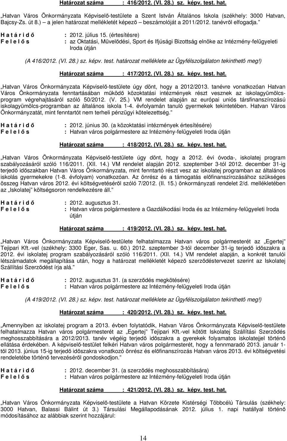 (VI. 28.) sz. képv. test. határozat melléklete az Ügyfélszolgálaton tekinthető meg!) : 417/2012. (VI. 28.) sz. képv. test. hat. Hatvan Város Önkormányzata Képviselő-testülete úgy dönt, hogy a 2012/2013.