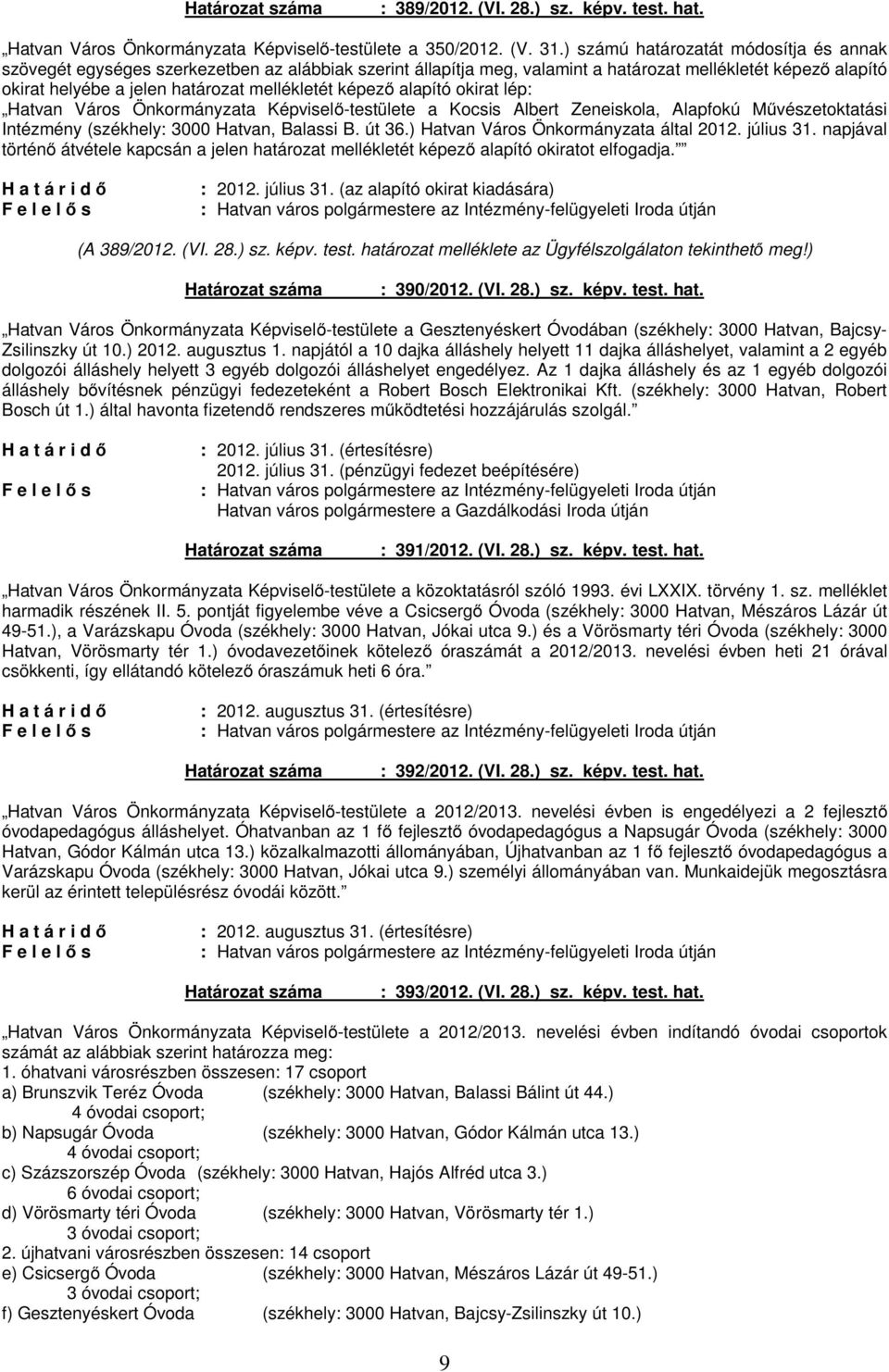 képező alapító okirat lép: Hatvan Város Önkormányzata Képviselő-testülete a Kocsis Albert Zeneiskola, Alapfokú Művészetoktatási Intézmény (székhely: 3000 Hatvan, Balassi B. út 36.