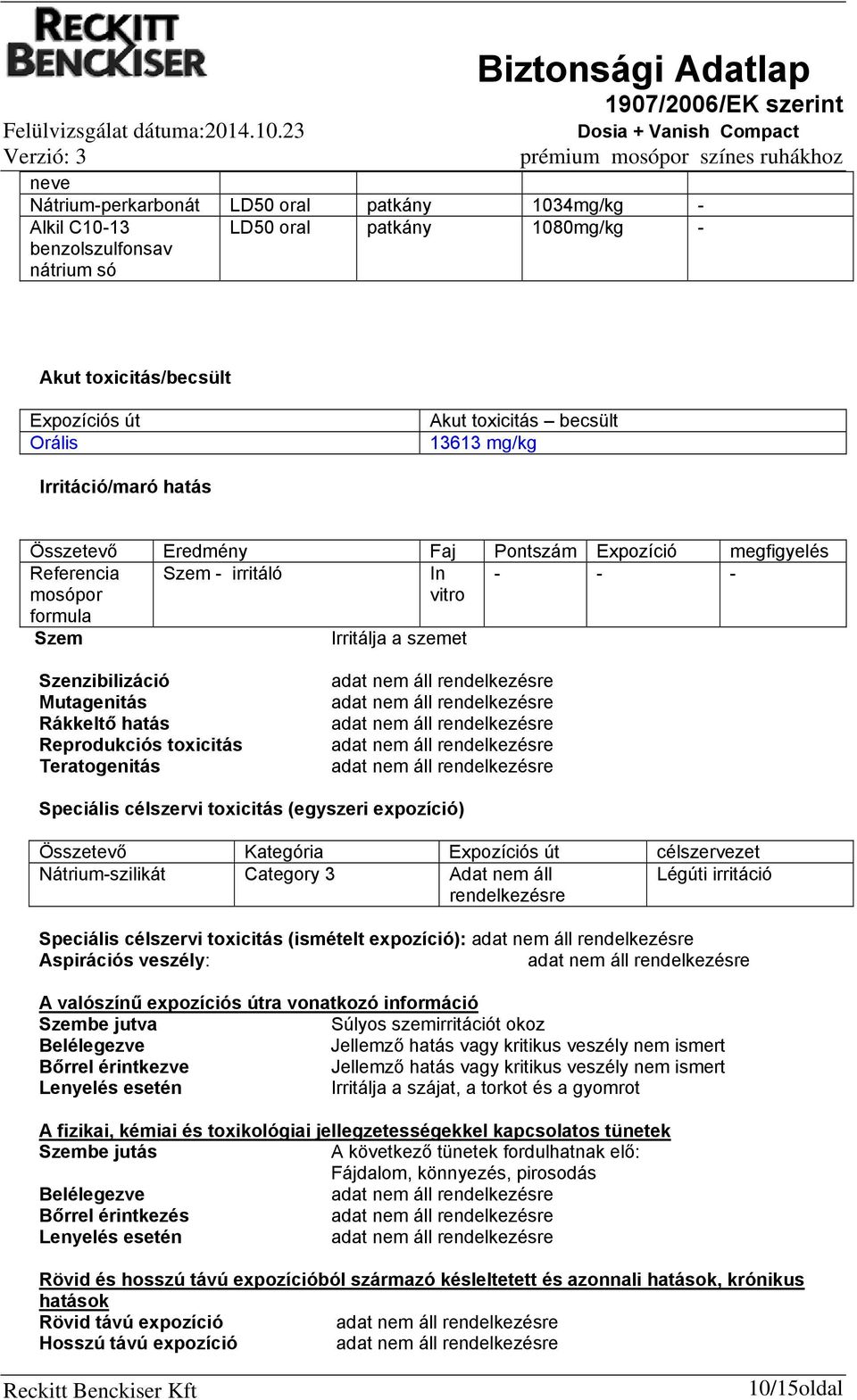 13613 mg/kg Irritáció/maró hatás Összetevő Eredmény Faj Pontszám Expozíció megfigyelés Referencia Szem - irritáló In - - - mosópor formula vitro Szem Irritálja a szemet Szenzibilizáció Mutagenitás