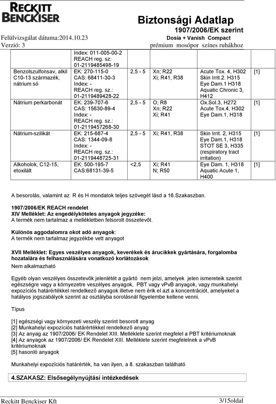 : Alkoholok, C12-15, etoxilált 01-2119448725-31 EK: 500-195-7 CAS:68131-39-5 2,5-5 Xn; R22 Xi; R41, R38 2,5-5 O; R8 Xn; R22 Xi; R41 Acute Tox. 4, H302 Skin Irrit.2. H315 Eye Dam.
