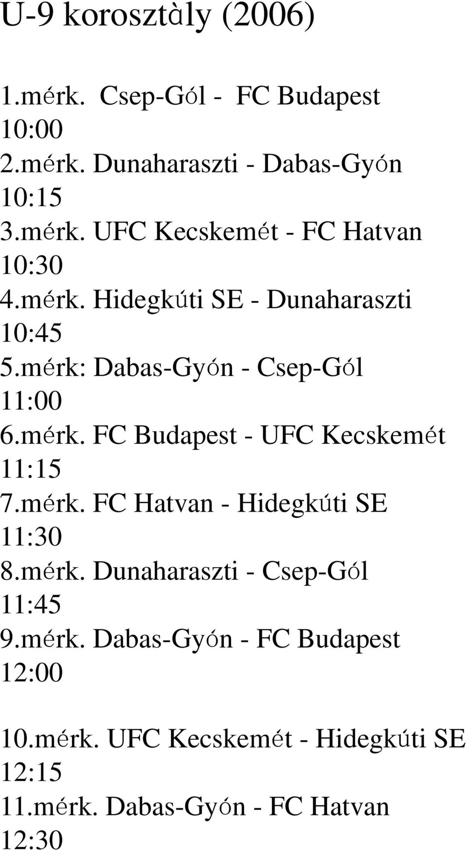 mérk. FC Hatvan - Hidegkúti SE 11:30 8.mérk. Dunaharaszti - Csep-Gól 11:45 9.mérk. Dabas-Gyón - FC Budapest 12:00 10.