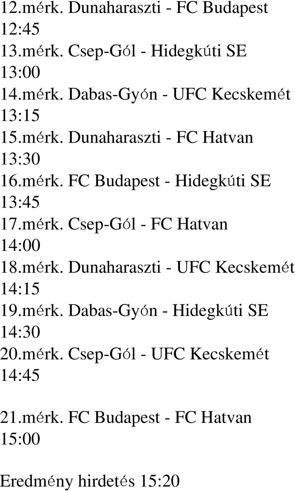 mérk. Dunaharaszti - UFC Kecskemét 14:15 19.mérk. Dabas-Gyón - Hidegkúti SE 14:30 20.mérk. Csep-Gól - UFC Kecskemét 14:45 21.