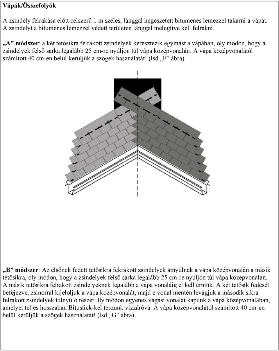 A módszer: a két tetősíkra felrakott zsindelyek keresztezik egymást a vápában, oly módon, hogy a zsindelyek felső sarka legalább 25 cm-re nyúljon túl vápa középvonalán.