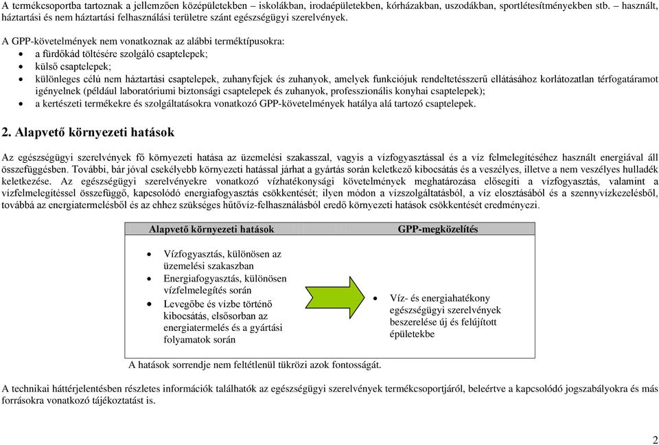 A GPP-követelmények nem vonatkoznak az alábbi terméktípusokra: a fürdőkád töltésére szolgáló csaptelepek; külső csaptelepek; különleges célú nem háztartási csaptelepek, zuhanyfejek és zuhanyok,