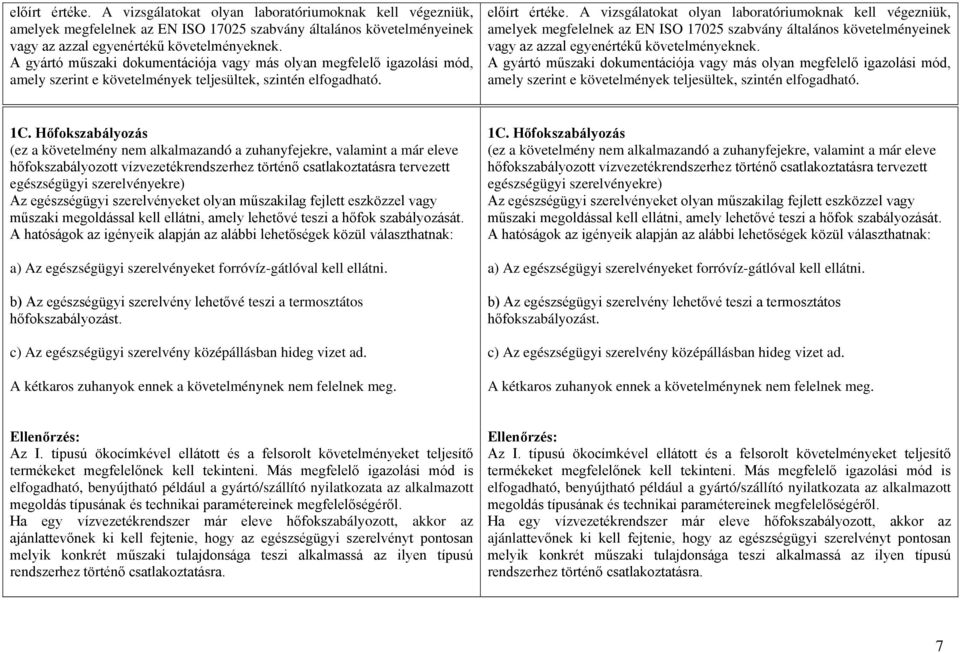 1C. Hőfokszabályozás (ez a követelmény nem alkalmazandó a zuhanyfejekre, valamint a már eleve hőfokszabályozott vízvezetékrendszerhez történő csatlakoztatásra tervezett egészségügyi szerelvényekre)