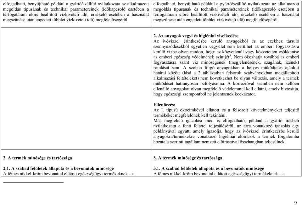 Az anyagok vegyi és higiéniai viselkedése Az ivóvízzel érintkezésbe kerülő anyagokból és az ezekhez társuló szennyeződésekből egyetlen vegyület sem kerülhet az emberi fogyasztásra kerülő vízbe olyan
