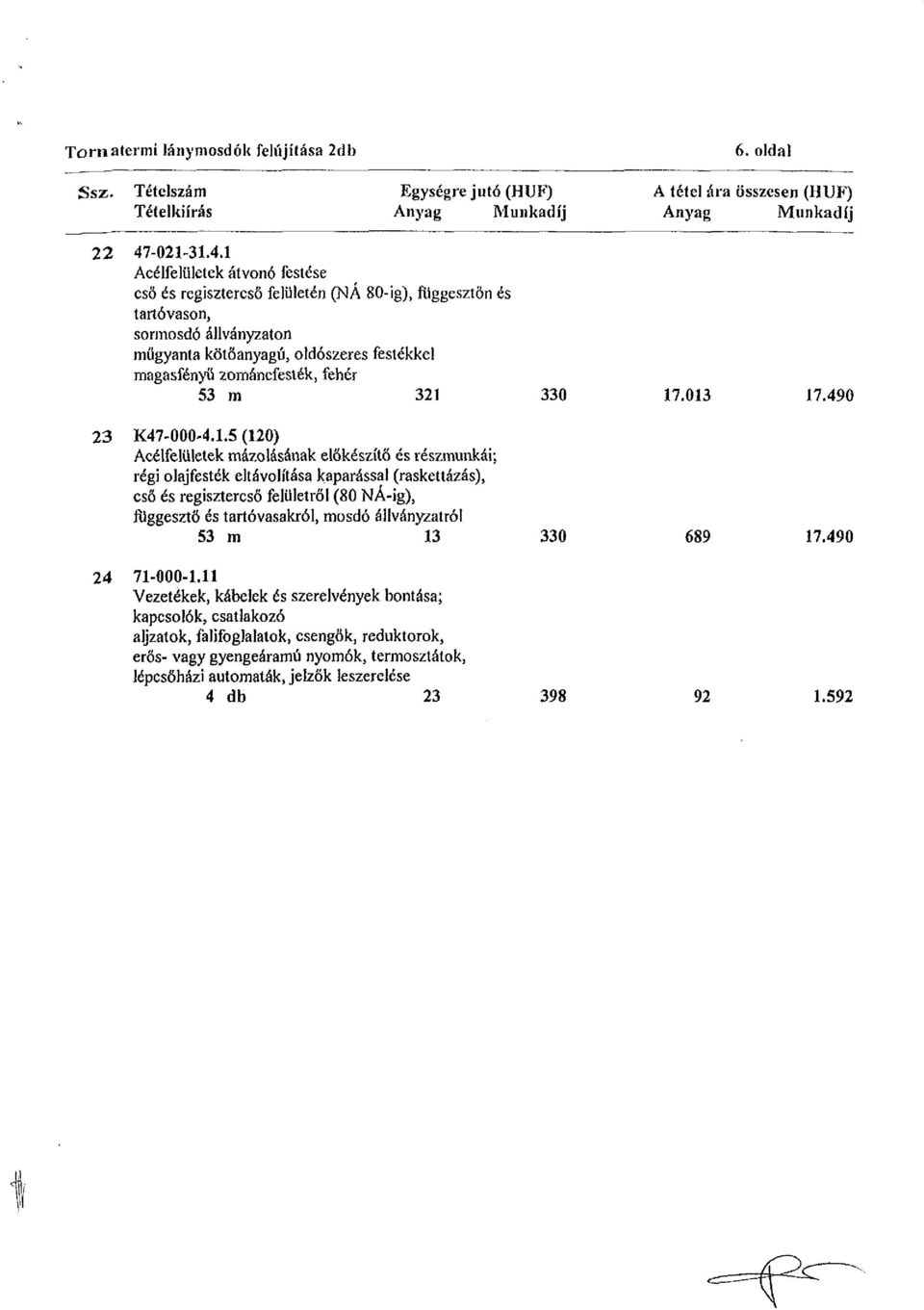 1 Acélfelületek átvonó festése cső és regisztercső felületén (NA 80-ig), ftiggesztön és tartóvason, sormosdó állványzaton műgyanta kötőanyagú, oldószeres festékkel magasfényű zománcfesték, fehér 53 m