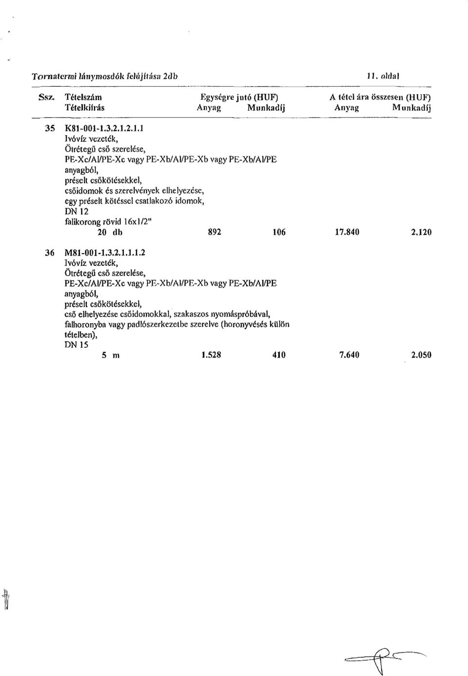 1.2.U Ivóvíz vezeték, Ötrétegű cső szerelése, PE-Xc/Al/PE-Xc vagy PE-Xb/Al/PE-Xb vagy PE-Xb/Al/PE anyagból, préselt csőkötésekkel, csőidomok és szerelvények elhelyezése, egy