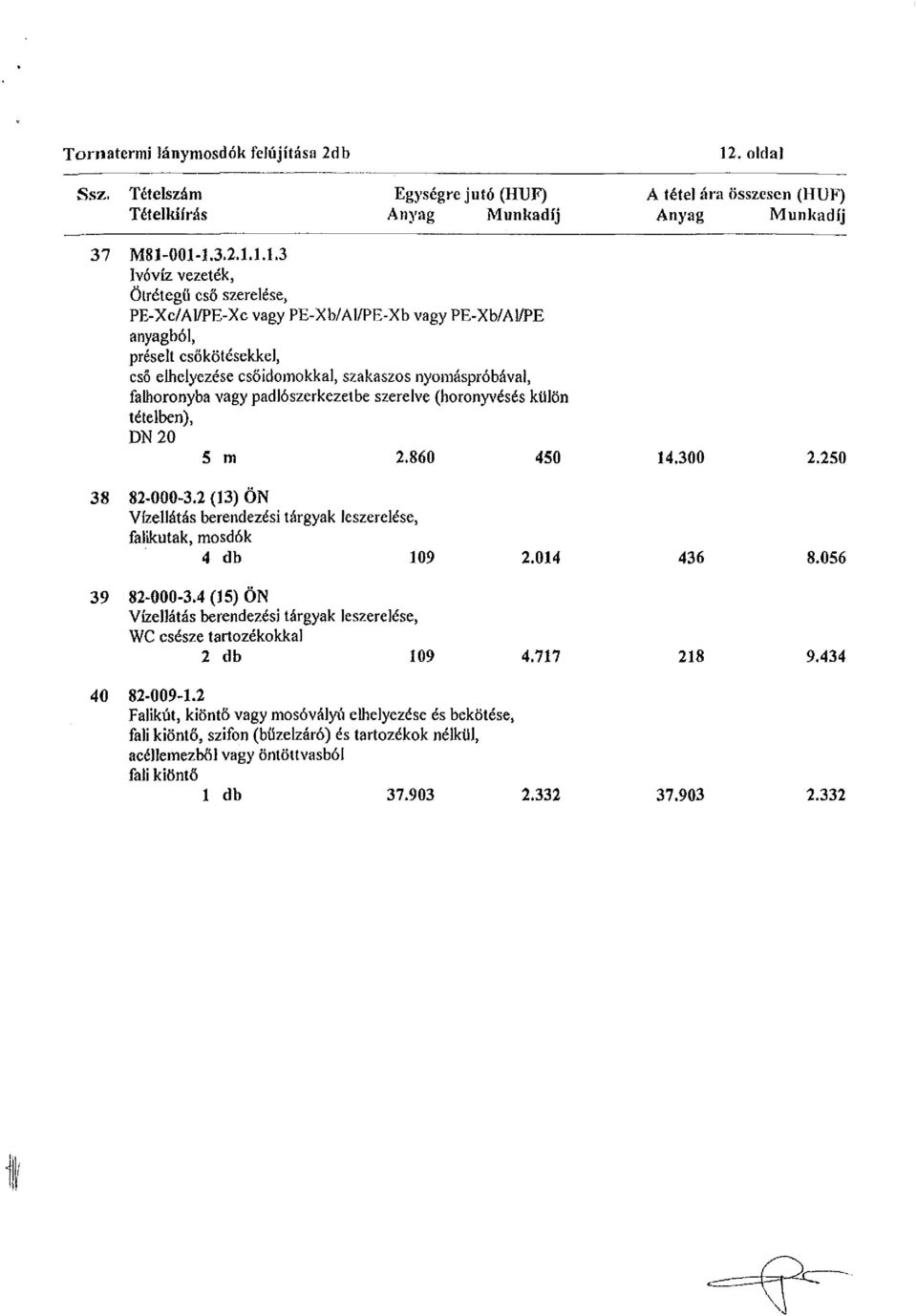 001-1.3.2.1.1.1.3 Ivóvíz vezeték, ÖtrétegÜ cső szerelése, PE-Xc/AI/PE-Xc vagy PE-Xh/Al/PE-Xb vagy PE-Xb/Al/PE anyagból, préselt csőkötésekkel, cső elhelyezése csőidomokkal, szakaszos nyomáspróbával,