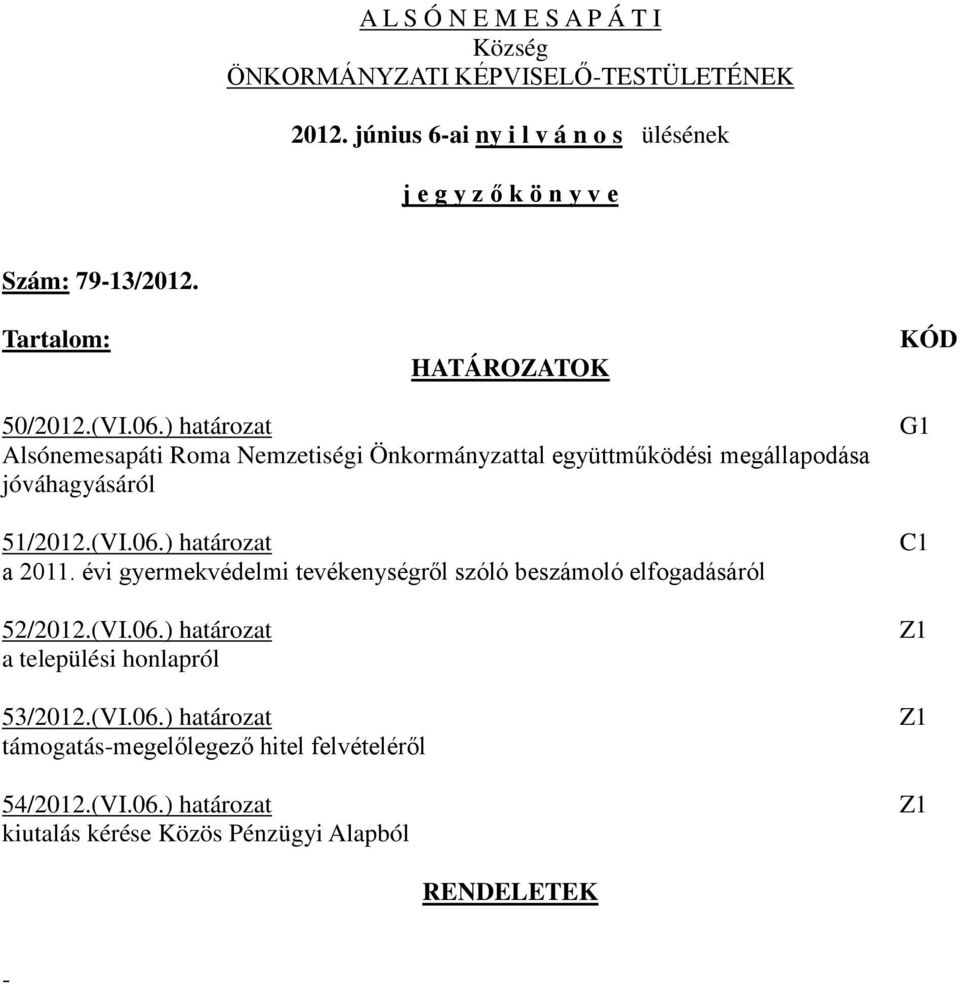 ) határozat Alsónemesapáti Roma Nemzetiségi Önkormányzattal együttműködési megállapodása jóváhagyásáról 51/2012.(VI.06.) határozat a 2011.