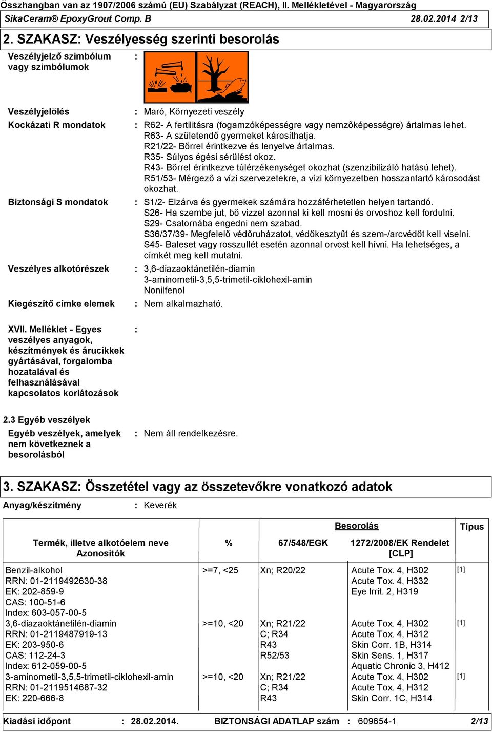 Környezeti veszély R62- A fertilitásra (fogamzóképességre vagy nemzőképességre) ártalmas lehet. R63- A születendő gyermeket károsíthatja. R21/22- Bőrrel érintkezve és lenyelve ártalmas.