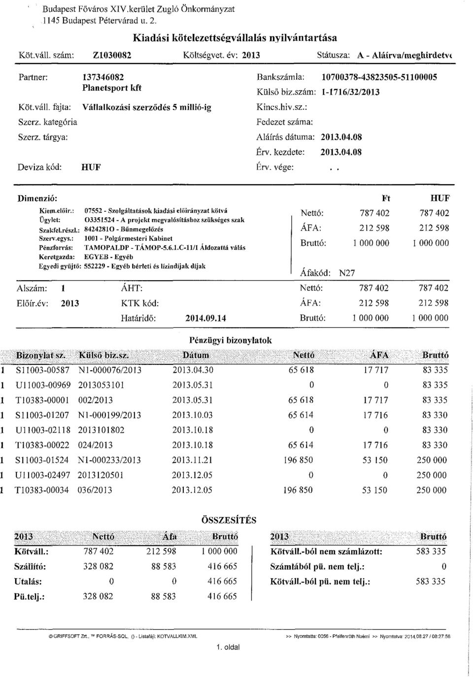 tárgya: 13734682 Planetsport kft Vállalkozási szerződés 5 millió-ig Bankszámla: 17378-4382355-5115 Külső biz.szám: 1-1716/32/213 Kincs.hiv.sz.: Fedezet száma: Aláírás dátuma: 213.4.8 Érv.