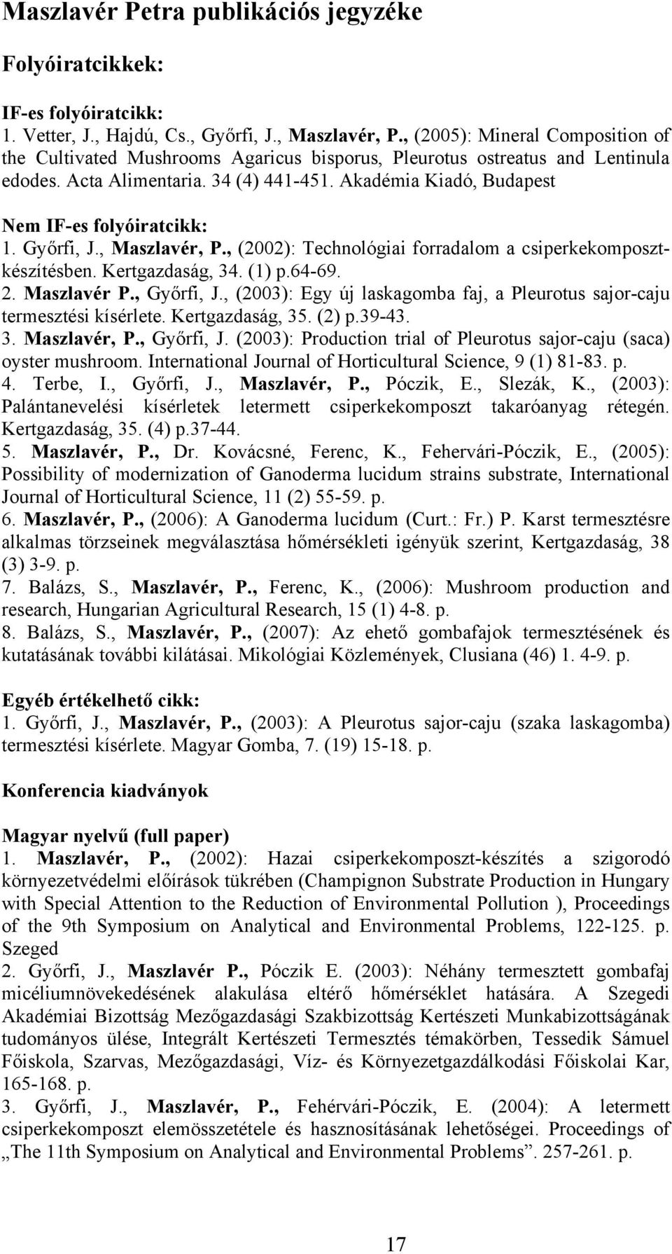 Akadémia Kiadó, Budapest Nem IF-es folyóiratcikk: 1. Győrfi, J., Maszlavér, P., (2002): Technológiai forradalom a csiperkekomposztkészítésben. Kertgazdaság, 34. (1) p.64-69. 2. Maszlavér P.